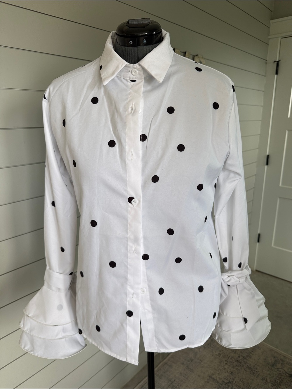White Polka Dot Button-Down Shirt with Ruffle Cuffs